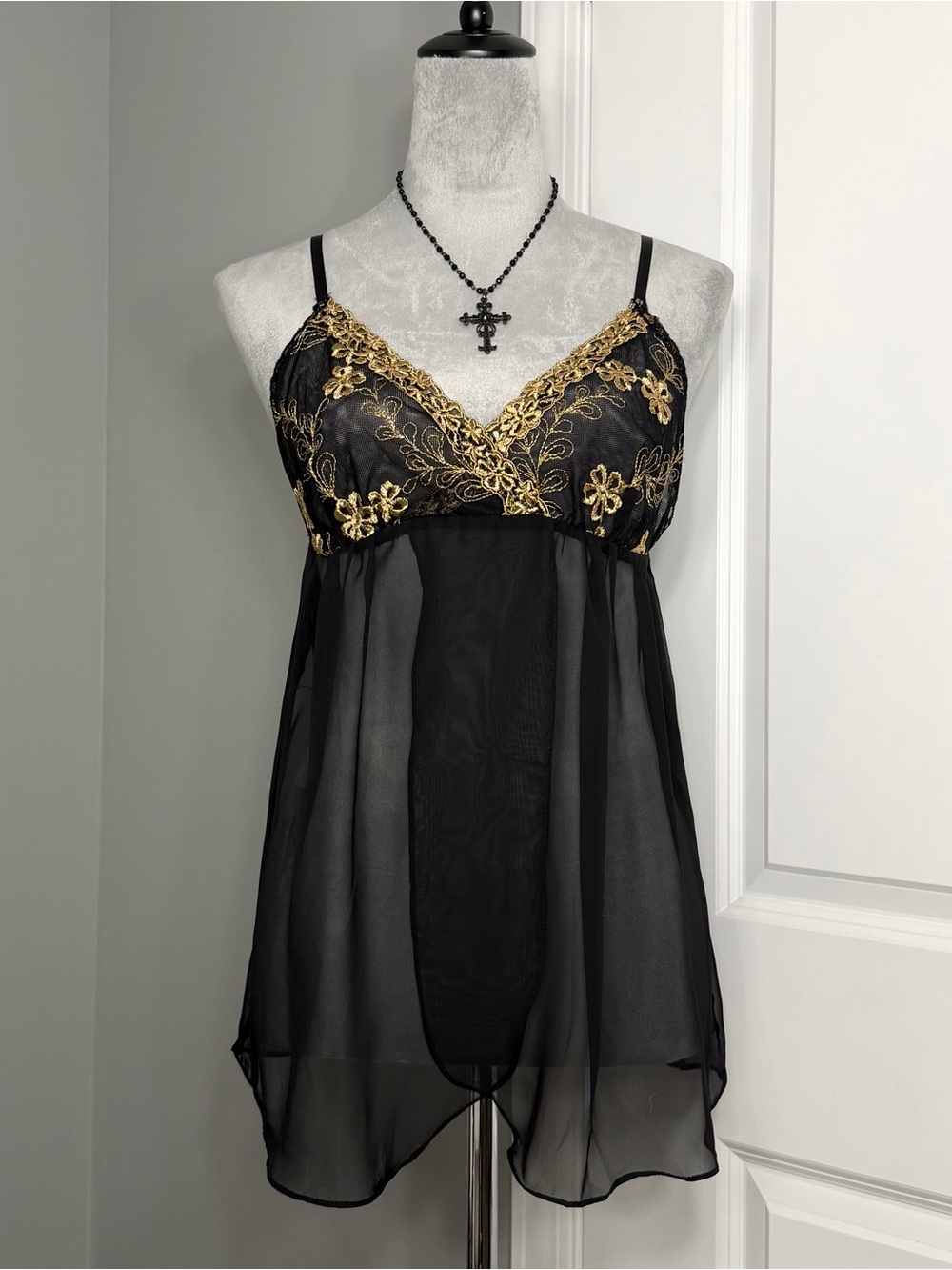 Delicates Black and Gold Embroidered Babydoll Lingerie Babydoll Dress Size M